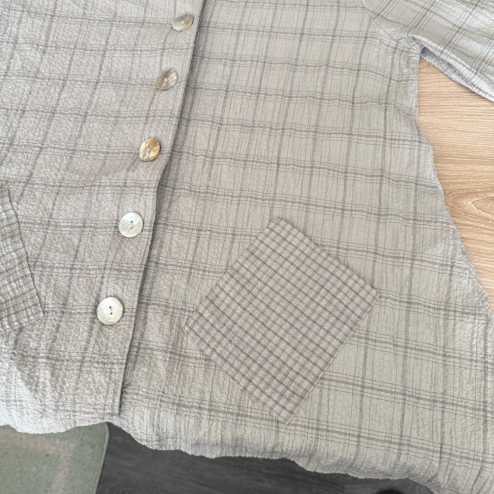 Habitat Medium Grey Plaid Button Up Shirt Plaid Lagenlook Relaxed Patch Pockets - Picture 7 of 9